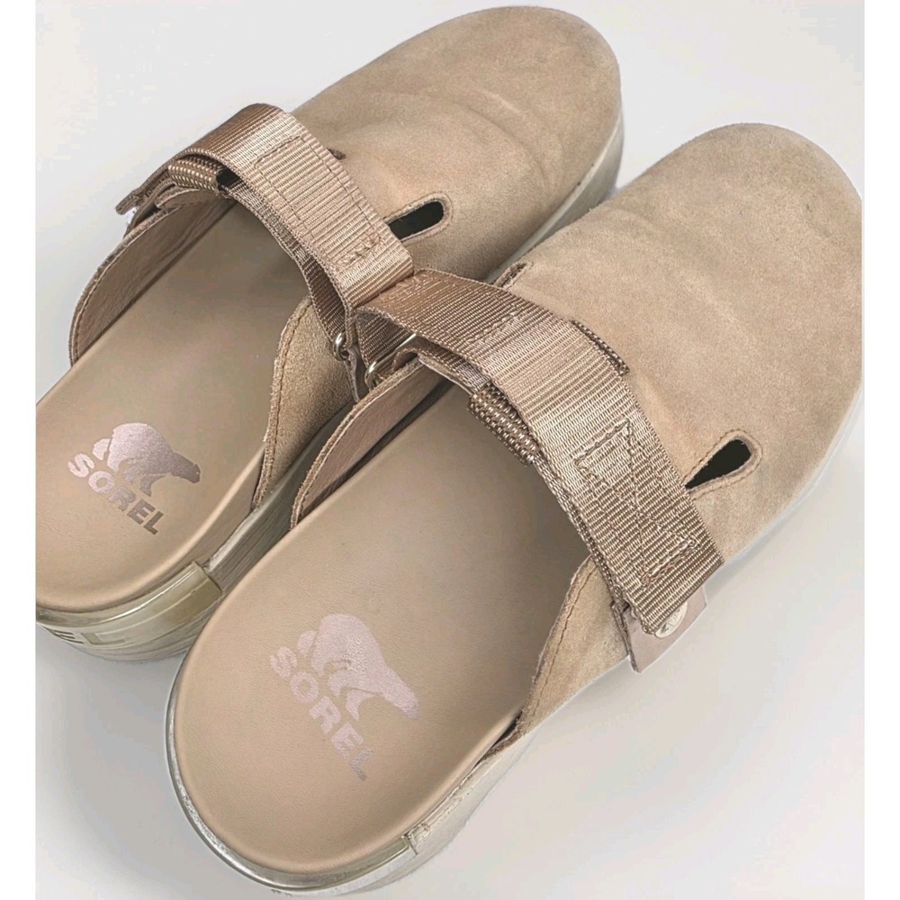 Sorel Kinetic Platform Sandals Gorpcore Tan Suede Womens Size 11 Mule Slip On
